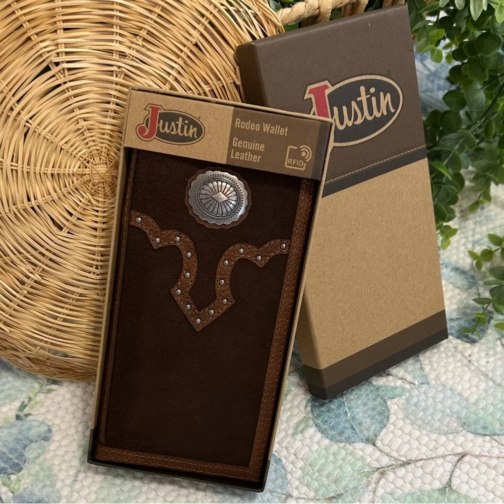 New Justin Boots Dark Brown Slim Bi Fold Leather Jr. Rodeo Wallet NIB